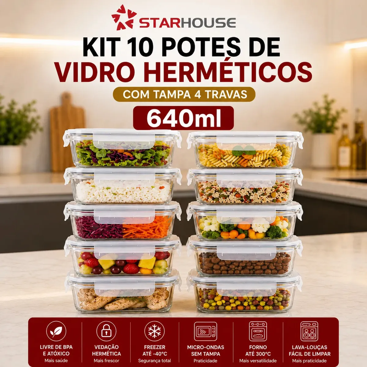 Kit 10 potes herméticos de vidro 640ml Starhouse